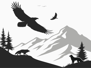 Shadow of an eagle flying above a mountain valley, with prey's shadow visible on the ground