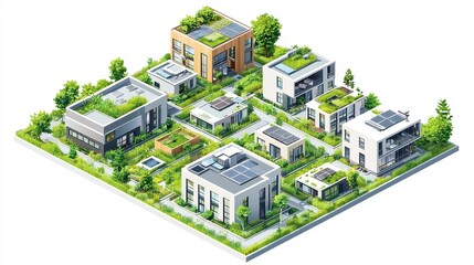 Isometric Pixel Art Cityscape featuring modular homes, rooftop farms, bold green gradients, clean shapes, and a vibrant, organized design on a white background