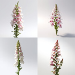 Four variations of a foxglove flower in shades of pink and white. © siomay