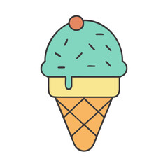 Ice cream cone vector illustration with mint flavor, cherry topping and waffle cone design