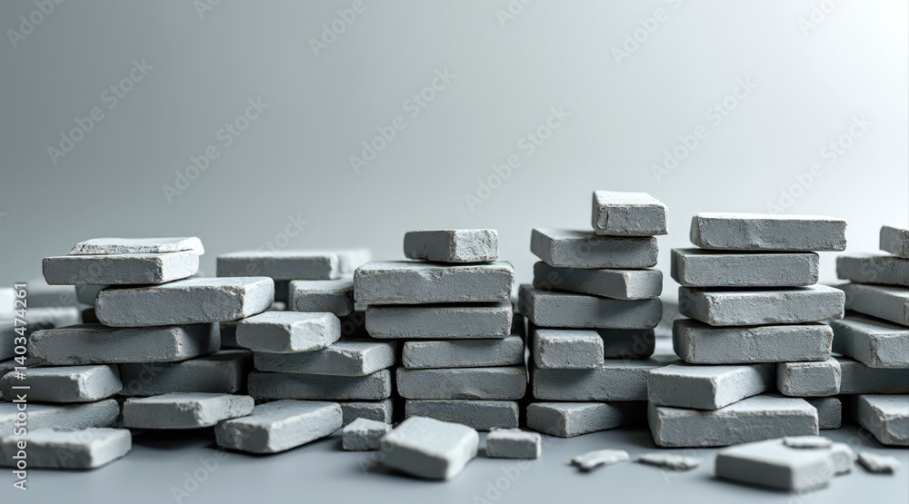 Poster a stack of irregular, gray concrete blocks arranged haphazardly against a soft, neutral background, 