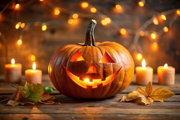 Illuminated jack o lantern with candles and string lights on a wooden surface for halloween decor