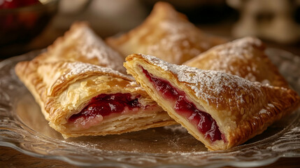 Delicious homemade cherry turnovers with powdered sugar on a glass plate