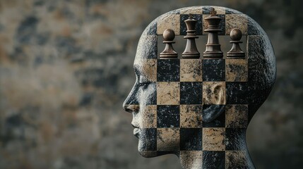 A chessboard inside a human head, symbolizing strategic thinking and mental battles.