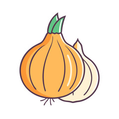 Illustration of fresh yellow onion vegetable with green sprouts for cooking and recipes