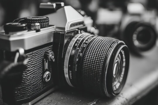 Close-up of vintage film cameras in black and white, capturing the essence of analog photography and its enduring appeal with intricate details.