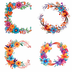 Four vibrant floral decorative wreaths in a semicircular and circular design.