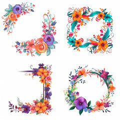 A collection of vibrant floral corner and circular decorative elements.
