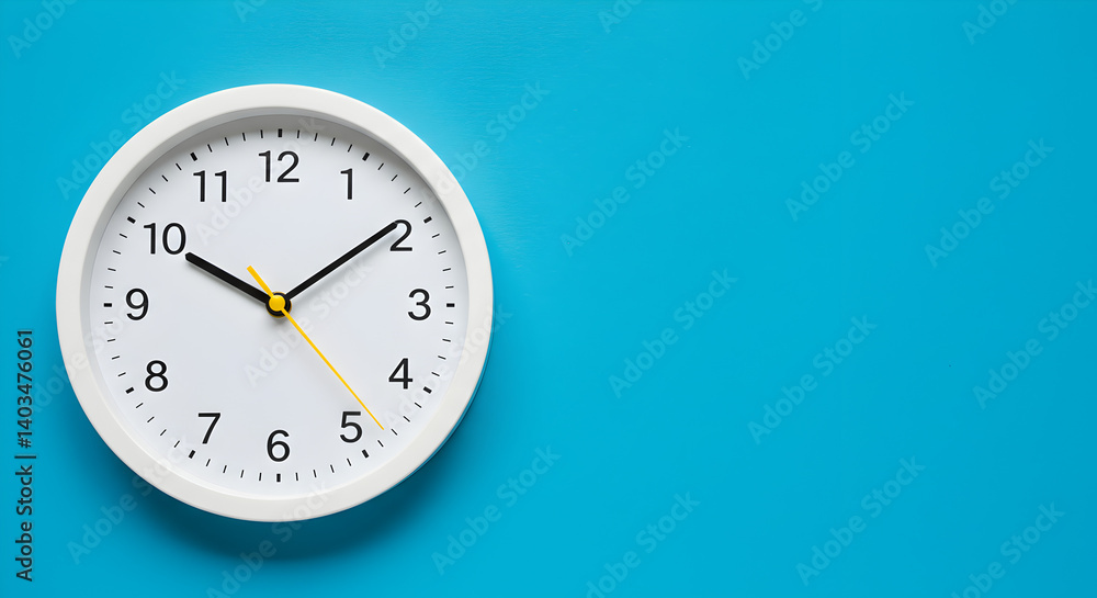 Poster white round clock on a blue background indicating time management and schedules with analog display