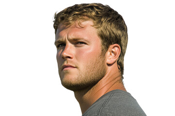 Fototapeta premium Profile portrait of a man looking determined, showcasing confidence and strength against a white isolated background.