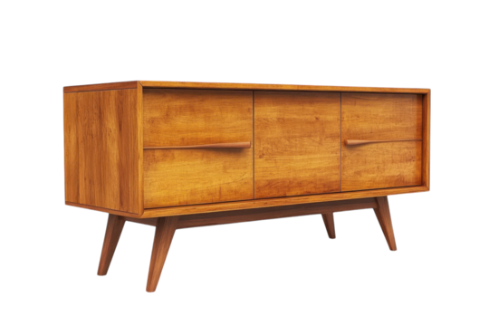 Mid century modern sideboard rich wood grain sleek design three drawers simple lines stylish storage