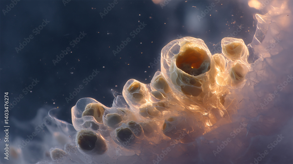 Poster close up of abstract cellular structure with translucent membrane and dark blue background color