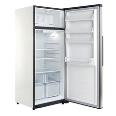 Open empty upright refrigerator.  Clean, modern appliance.