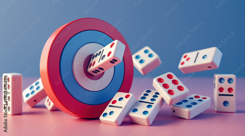 Poster a colorful dartboard with flying dominoes, creating a playful and dynamic scene, emphasizing fun and