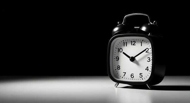 Vintage Black Analog Alarm Clock Showing Ten Oclock Against Black Background in Dim Studio Lighting