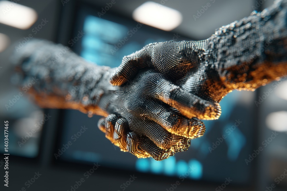 Poster a futuristic handshake made of tiny spheres, symbolizing technological progress and collaboration in