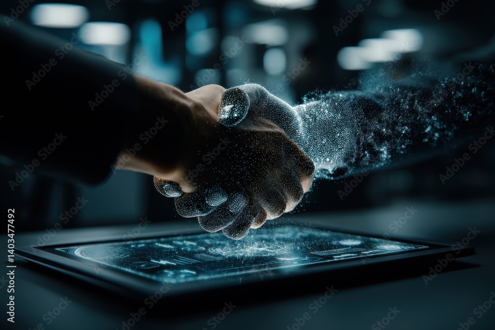 Poster digital transformation handshake between human and ai, representing future technology, collaboration