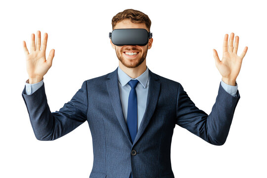 Young man in suit wearing virtual reality headset with hands raised, isolated on white background. - Powered by Adobe