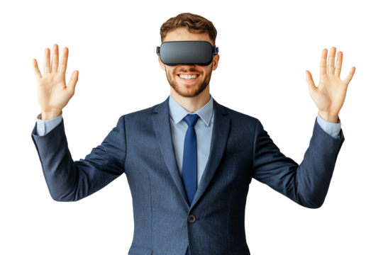 Young man in suit wearing virtual reality headset with hands raised, isolated on white background.