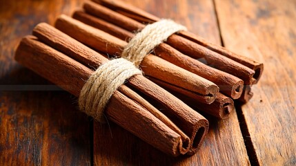 of cinnamon sticks tied with jute rope on rustic wooden table, warm natural lighting, high texture detail, aromatic spice aesthetic, top-down view, soft shadows, vintage kitchen mood, earthy 
