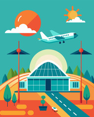 Naklejka premium As flights come and go the solar panels on the airport hangars soak in the suns rays converting them into sustainable energy for future use.. Vector illustration