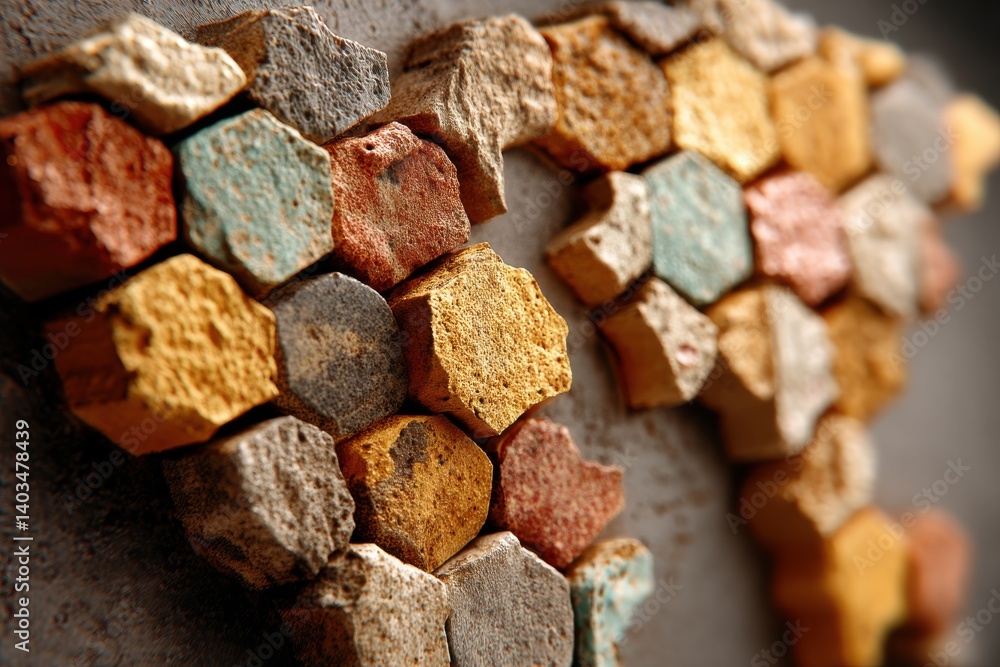 Aufkleber close-up view of a decorative wall featuring hexagon-shaped pieces in various colors, creating a tex