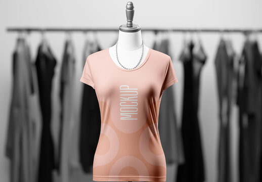 High-Quality Women's T-Shirt Mockup on Mannequin &mdash; Fashionable Apparel Display with Soft Fabric Texture in Boutique Background
