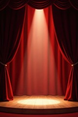 Velvet curtains frame a bright spotlight on empty stage , interior, theater