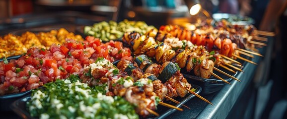 Grilled skewers, market food, blurry background