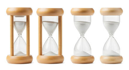 Set of Four Hourglasses with White Sand and Wooden Frames on a White Background