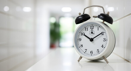 Retro White Alarm Clock Standing on White Surface with Blurred Background