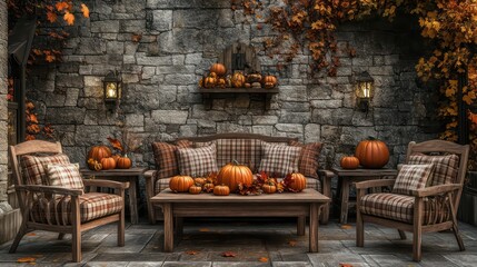 Obraz premium An autumn-inspired rustic seating area with a stone wall, wooden chairs with plaid cushions, and a large center table adorned