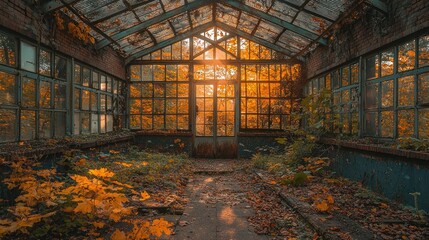 Abandoned Greenhouse at Sunset: Autumnal Serenity