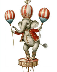 Victorian-style Circus themes illustration full body of elephant dumbo stand on balloon and stage show, on a white background, very detailed with vintage colors