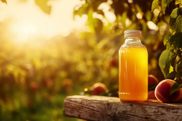 Peach juice bottle displayed exudes fresh allure under sun