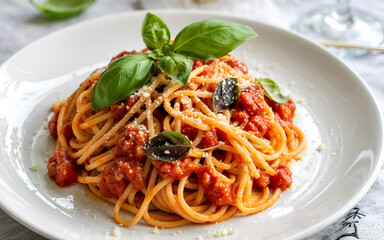 Delicious spaghetti with meat sauce fresh basil and parmesan cheese A perfect Italian dinner