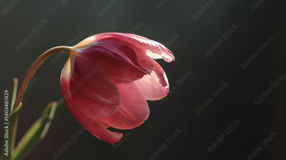Poster close up of a pink tulip with a dark background showing the delicate petals and stem details clearly