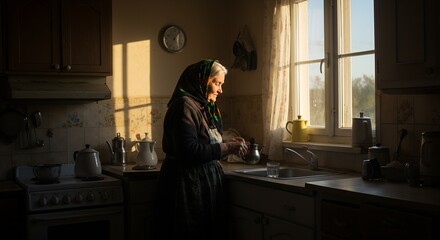 Elderly village woman starting her day at dawn