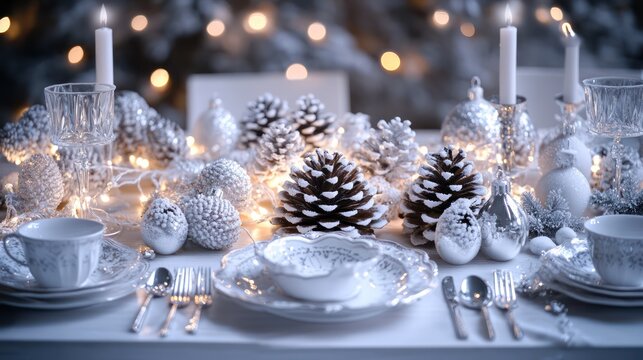 An elegant winter-themed dining table setting with frosted pinecones, white and silver accents, delicate fairy lights, and an assortment of