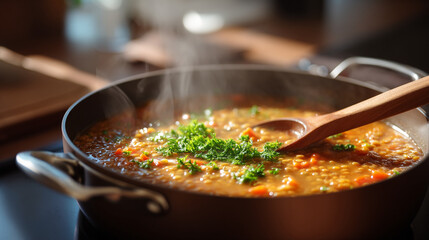 A pot of steaming soup with vegetables and a wooden spoon on a dark stovetop in the kitchen