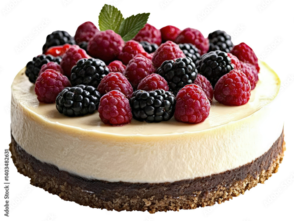 Poster decadent cheesecake topped with assorted berries and raspberry sauce on a white plate with beautiful
