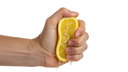 Hand squeezing a freshly cut lemon half, extracting juice while revealing seeds, set against a transparent background that highlights the vibrant yellow color and juicy texture