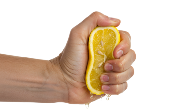 Hand squeezing a freshly cut lemon half, extracting juice while revealing seeds, set against a transparent background that highlights the vibrant yellow color and juicy texture