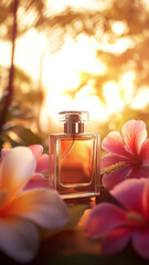 Floral perfume bottle shines with warm glow, radiating tropical delight