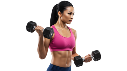 Fit Woman Lifting Dumbbells in Pink Sports Bra and Blue Leggings