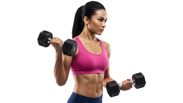 Fit Woman Lifting Dumbbells in Pink Sports Bra and Blue Leggings