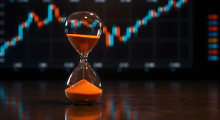 Hourglass with Amber Sand on Table Before Stock Market Chart Displayed in Dark Room
