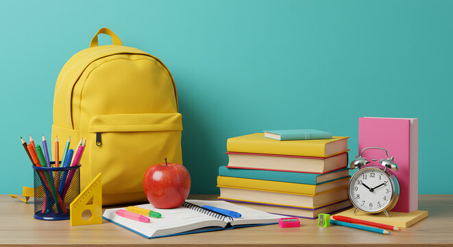 Back to school supplies backpack books pencils apple alarm clock education study learn design concept - Powered by Adobe