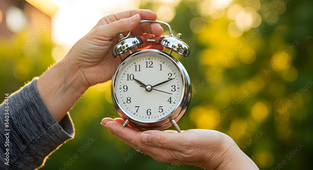Poster hands holding a silver analog alarm clock with bokeh green background during a sunlit day
