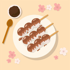 Traditional Japanese dessert Dango with soy sauce. Hanami Dango dessert on a plate. Design element for banner, poster, restaurant menu. Vector illustration